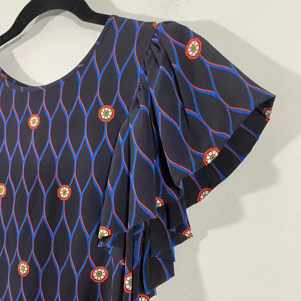 Kenzo x H&M Women's Abstract Print 100% Silk Ruffle Cap Sleeve Blouse Size 2